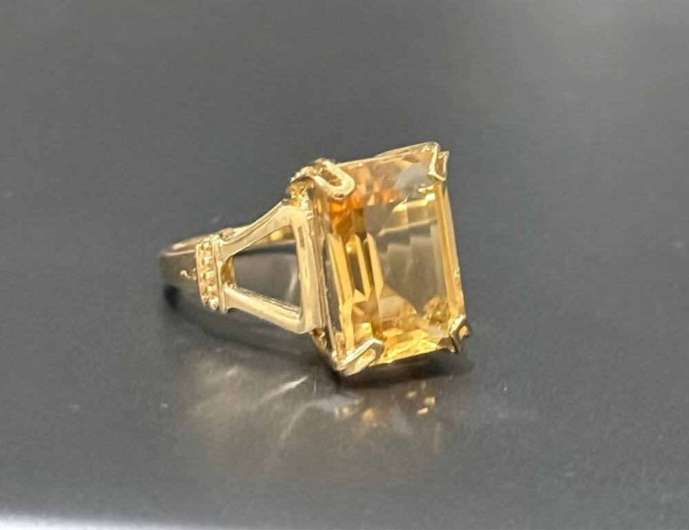 Natural Citrine Sterling Silver Gold Vermeil Ring, Emerald Cut Statement